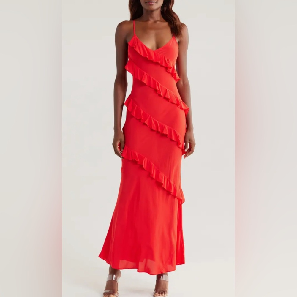 Good American Grenadine Ruffle Slip Maxi Dress Red Prom Wedding Guest